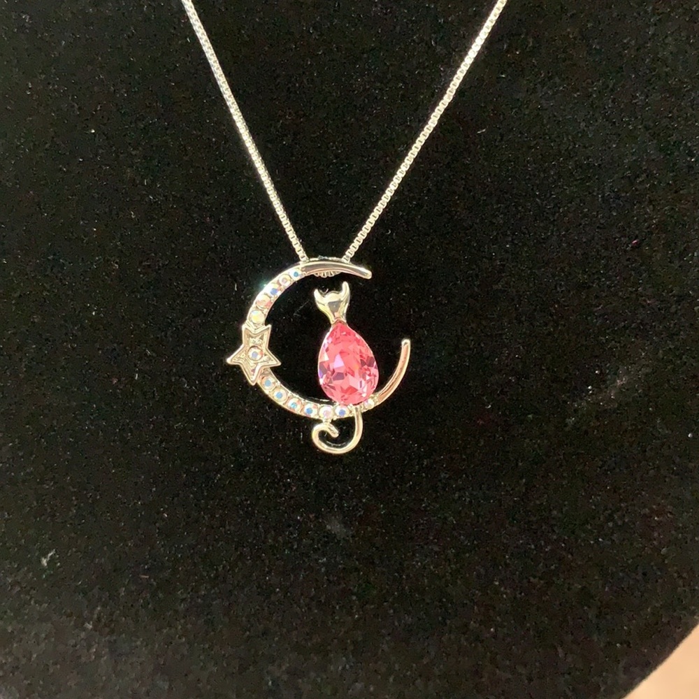 Cat on a Crescent Moon Pendant Necklace - Picture 6 of 11